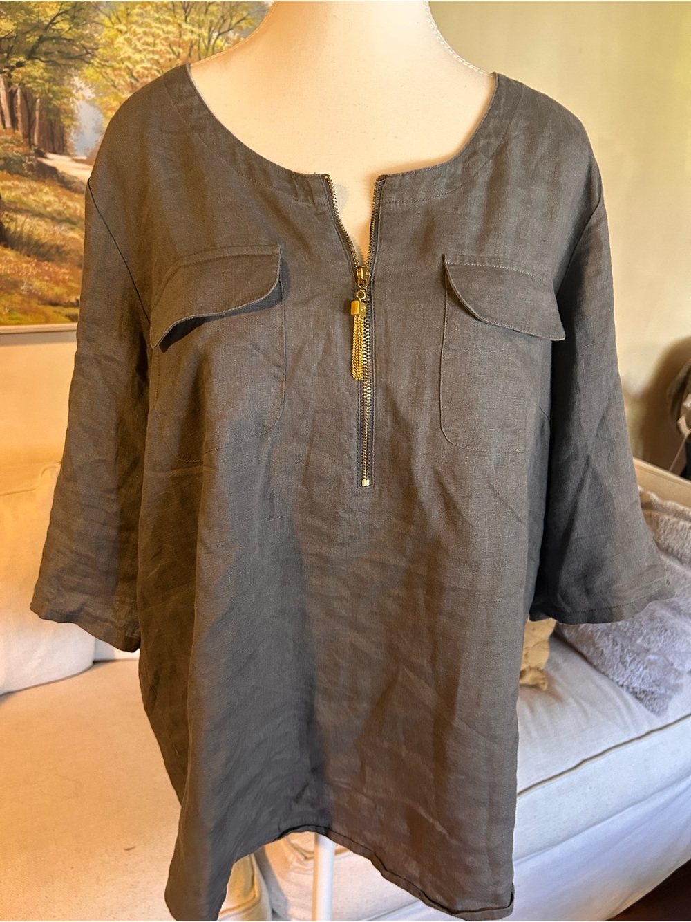 Ellen Tracy 100% Linen Large Gray Relaxed 1/4 Zip Roll Tab Top Shirt Pre-Owned